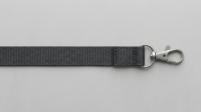 Close up of a durable gray woven fabric lanyard strap with a silver metal swivel lobster clasp hook isolated on a white background, perfect for corporate identity, badge holders, or key accessories.