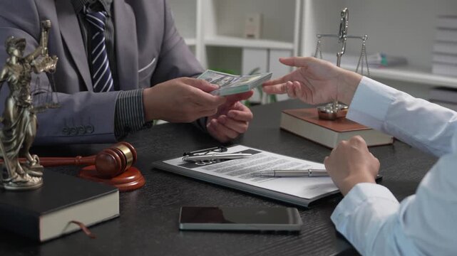 Client Handing Stack of Cash to Lawyer for Legal Fees or Bribe and Shaking Hands in Office