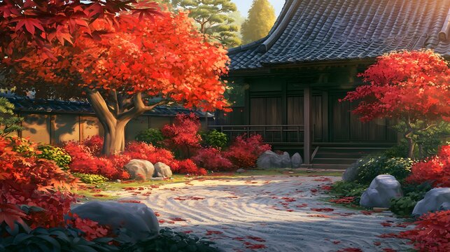 Japanese temple garden with red maple leaves and raked gravel