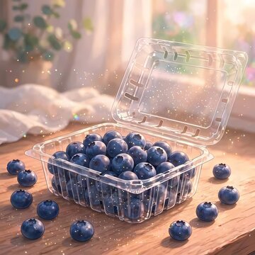 Fresh blueberries in a clear plastic clamshell container on a wooden table with magical sparkling light