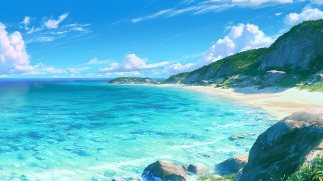 Turquoise ocean water and sandy beach with rocky cliffs under blue sky