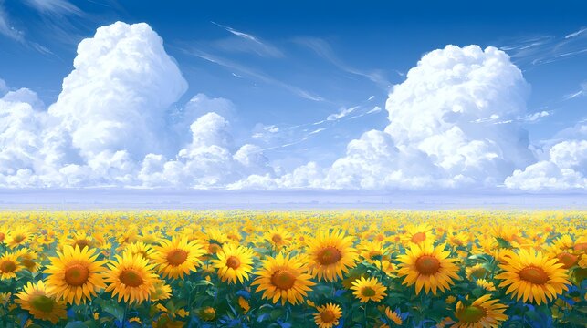 Sunflower field under blue sky with large white clouds