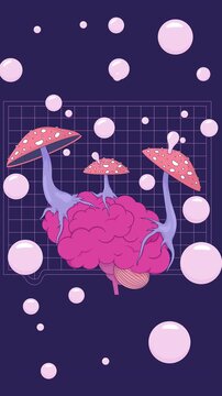 Vaporwave grid brain with psychedelic mushrooms and bubbles lofi vertical animation. Toadstools rooting in mind. Animated looping scene for social media reels. Flat cartoon mobile live wallpaper