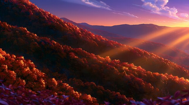 Autumn forest with red trees under sunset and golden sun rays