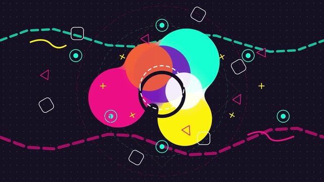 Abstract colorful overlapping circles vibrant memphis style dynamic motion graphic backdrop for social media content and modern digital advertising presentation