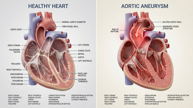 Human heart anatomy comparison healthy heart versus aortic aneurysm two panel medical illustration showing dilated aorta and weakened vessel wall