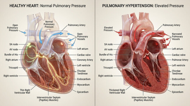 Human heart anatomy comparison healthy heart versus pulmonary hypertension two panel medical illustration showing thickened right ventricle and narrowed vessels