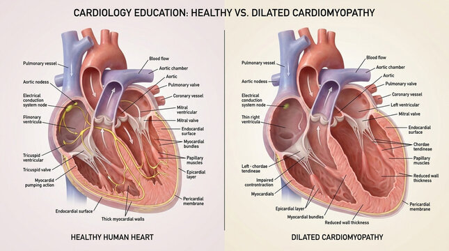 Human heart anatomy comparison healthy heart versus dilated cardiomyopathy two panel medical illustration showing enlarged ventricle stretched muscle fibers and thin wall