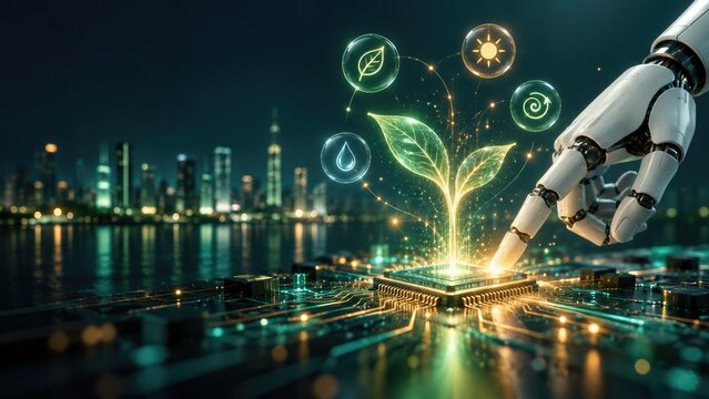 High tech robot hand touching glowing circuit board with digital plant icon representing sustainable future and smart green environment technology illustration.