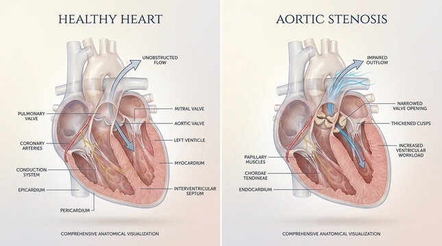 Human heart anatomy comparison healthy heart versus aortic stenosis two panel medical illustration showing narrowed aortic valve thickened cusps and impaired outflow