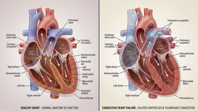 Human heart anatomy comparison healthy heart versus congestive heart failure two panel medical illustration showing ventricular dilation chamber enlargement and myocardial weakening