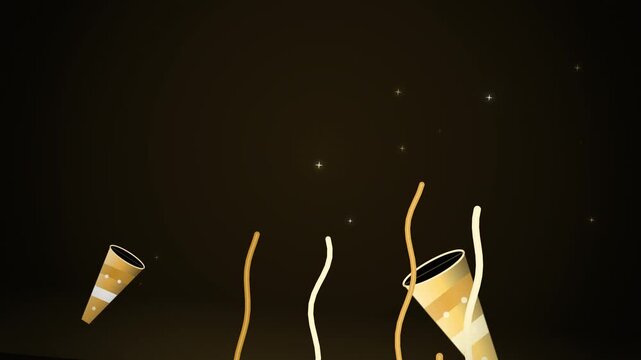 Gold party poppers shooting curly streamers on black background