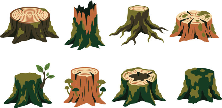Tree stumps and old mossy logs flat vector cartoon icons set isolated on a white background