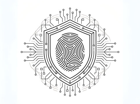 Biometric fingerprint security shield with circuit board technology line art illustration vector   