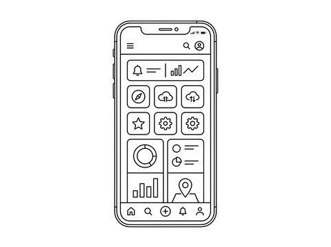 Smartphone with analytics dashboard and business app user interface line art illustration vector   