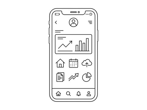 Smartphone with analytics dashboard and business app user interface line art illustration vector   