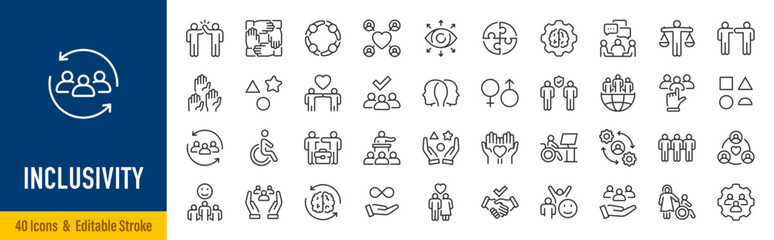 Obraz na płótnie Canvas Inclusivity web icons in line style. Diversity, inclusion, equality, accessibility, community, teamwork, unity, representation, human rights, collection. Editable stroke. Vector