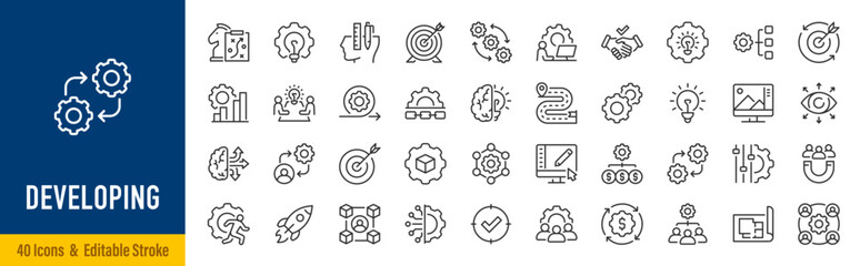 Obraz na płótnie Canvas Developing web icons in line style. Development, growth, progress, skills, career, training, learning, improvement, professional growth, collection. Editable stroke. Vector