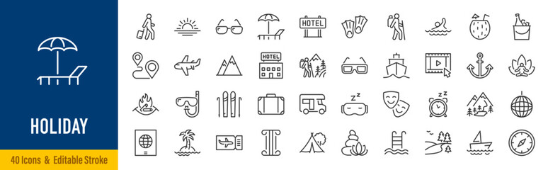 Fototapeta premium Holiday web icons in line style. Vacation, travel, Christmas, celebration, party, gift, winter, summer, tourism, event, festive, leisure, collection. Editable stroke. Vector