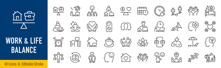 Naklejka na ściany i meble Work life balance web icons in line style. Balance, productivity, wellbeing, time management, career, lifestyle, family, relaxation, wellness, harmony, collection. Editable stroke. Vector
