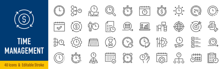 Naklejka na ściany i meble Time management web icons in line style. Productivity, planning, schedule, deadline, priority, task, calendar, reminder, focus, workflow, time tracking, collection. Editable stroke. Vector