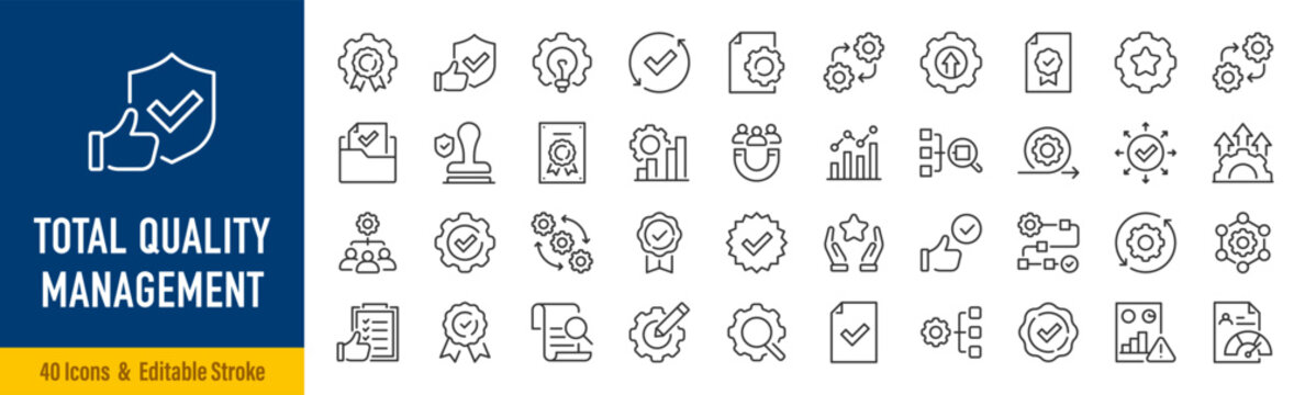 Total quality management web icons in line style. Quality control, assurance, continuous improvement, process, standards, inspection, audit, compliance, collection. Editable stroke. Vector