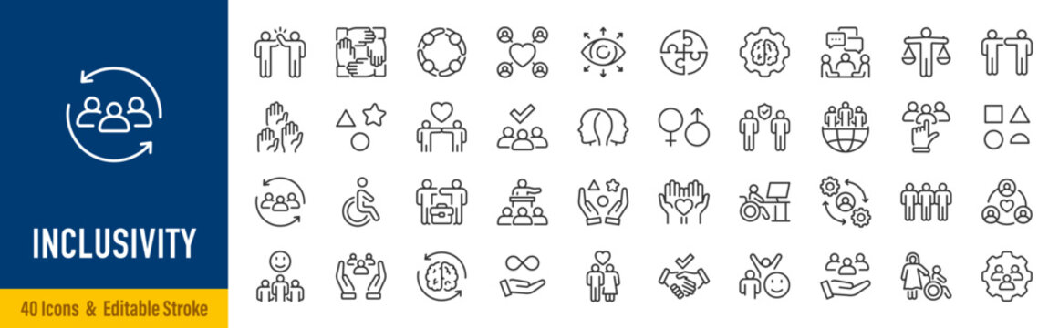Inclusivity web icons in line style. Diversity, inclusion, equality, accessibility, community, teamwork, unity, representation, human rights, collection. Editable stroke. Vector