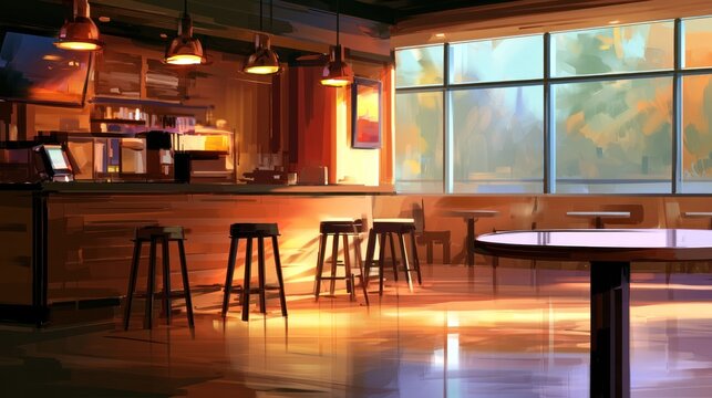 A cozy, dimly lit coffee shop with wooden furniture, a large window, and a warm, inviting ambiance.