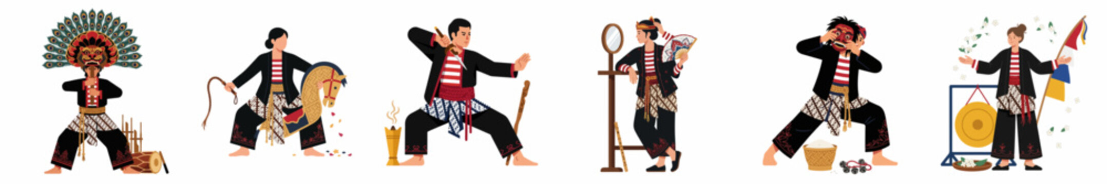 Set of Six Indonesian Cultural Characters in Traditional Reog Ponorogo Costumes and Performing Arts Illustrations