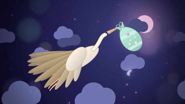 Navy night sky with moon and stork delivering a baby bundle