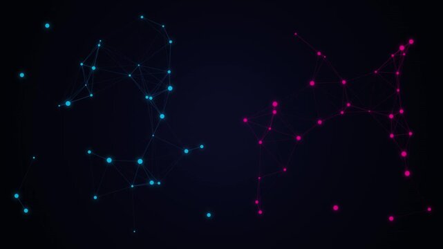 Abstract plexus network motion with glowing blue and pink connected points on dark background.