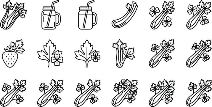 Celery and green smoothie icon set featuring fresh stalk leaves juice glass mason jar line art.eps