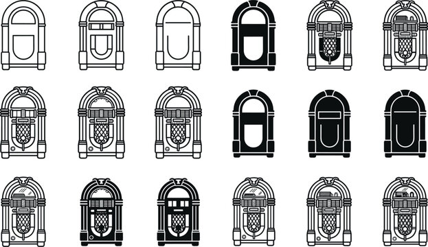 Retro jukebox icon set featuring vintage music player machine audio sound record player vector.eps