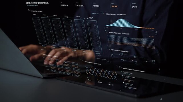 A tablet and laptop are in use. Infrastructure operations track thermal conditions, airflow and workload distribution, linking data center capacity with power use and service continuity.