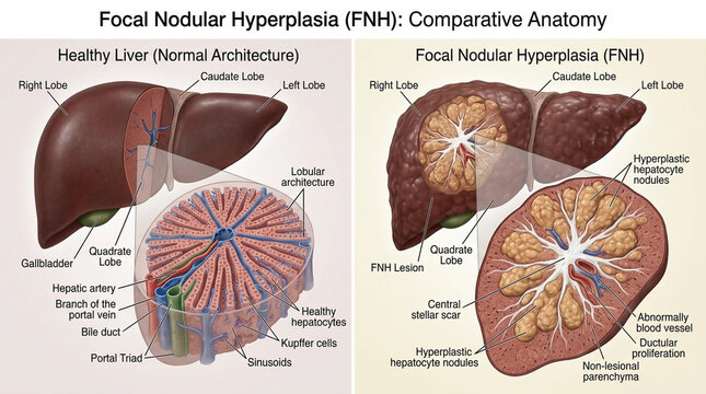 Human liver anatomy comparison healthy liver versus hepatic adenoma two panel medical illustration showing benign hepatocellular tumor
