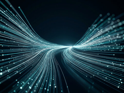 Dynamic perspective of a central dark path flanked by soaring fiber-optic light strands and glowing spark particles converging toward a bright horizon flare to illustrate ultra-fast internet speed, br