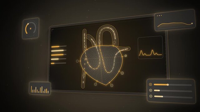 AI heart digital twin flow monitoring in 3D amber on charcoal