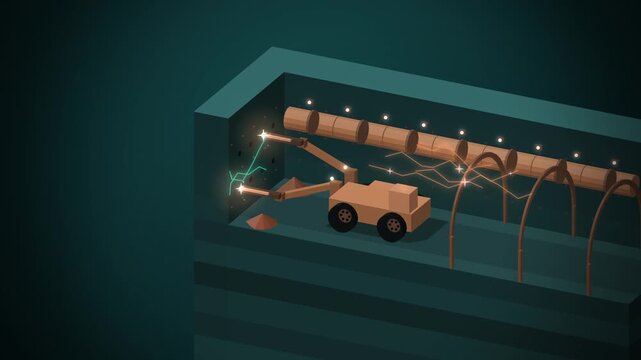 Underground mine tunnel with drilling rig on dark teal seamless loop