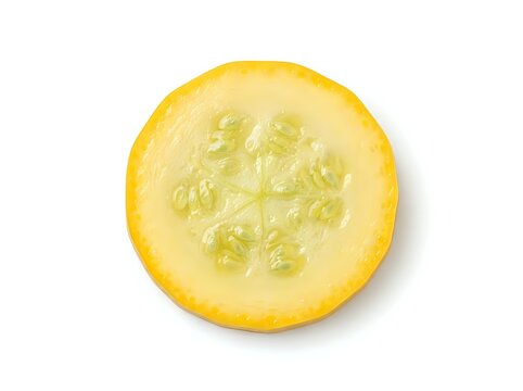 Fresh lemon slice with visible seeds and pulp, cut horizontally to show interior texture and citrus segments