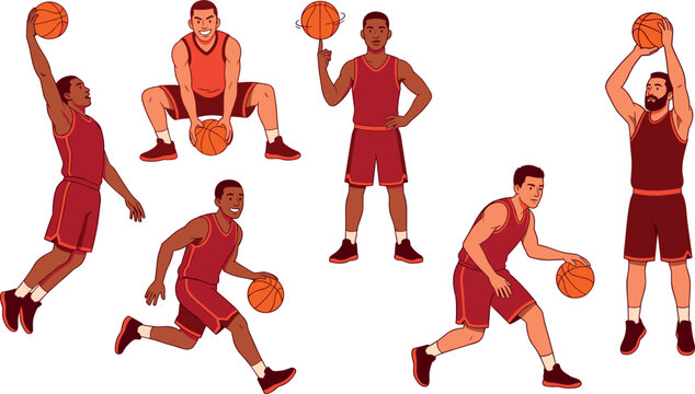 Basketball player character set in red uniform showing different poses like dribbling shooting dunking spinning ball and running
