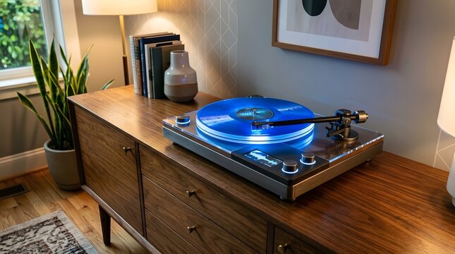 Modern blue glowing vinyl record player resting on a wooden sideboard inside a bright cozy living room
