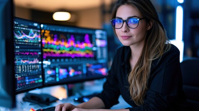 A young woman wearing glasses, seated at a desk with multiple computer monitors displaying colorful graphs and charts.