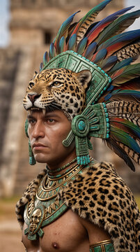Mayan Jaguar Warrior in Traditional Ceremonial Headdress and Jade Ornaments Outdoors