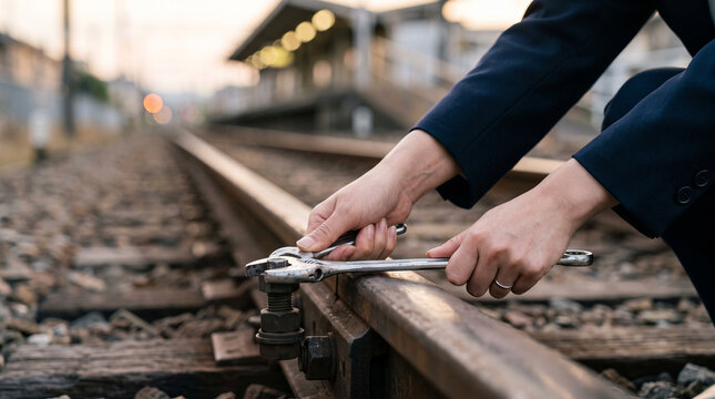 鉄道の線路保守点検の手元アップ：インフラを支える鉄道メンテナンスの現場