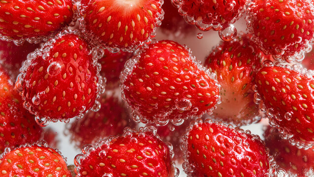 Macro of fresh strawberries in sparkling water with bubbles, healthy summer fruit and freshness concept with copy space for text