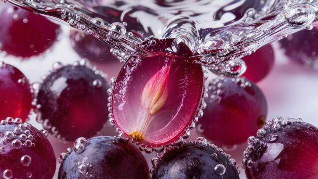 Macro of fresh red grapes with sliced grape in sparkling water with bubbles, healthy fruit and freshness concept with copy space for text