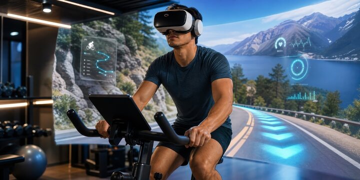 Athletic man wearing virtual reality headset while indoor cycling on stationary bike