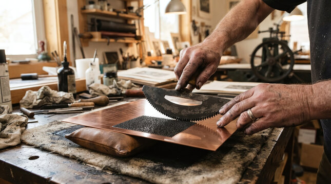 Printmaker hands rocking steel mezzotint rocker on polished copper plate