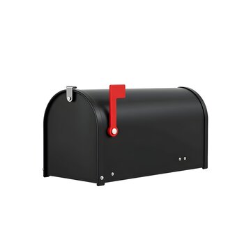 A classic black metal mailbox with a red flag isolated on a white background.