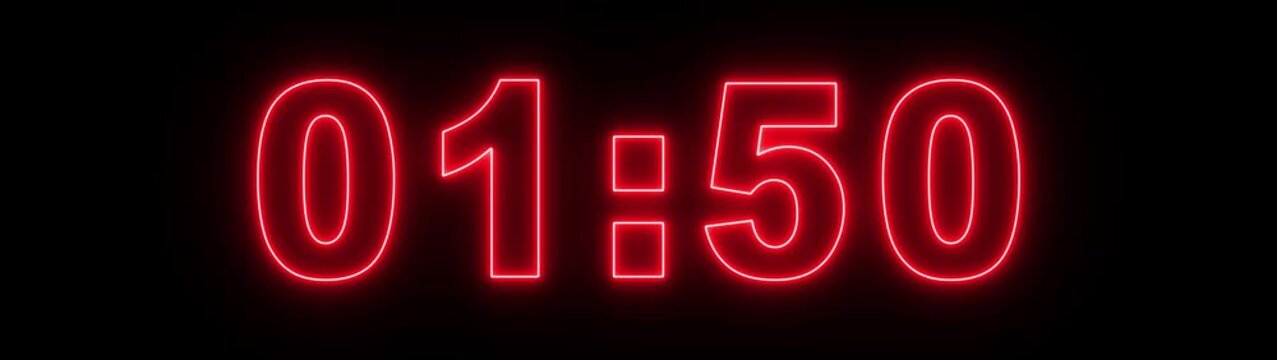 glowing neon 2 minute Countdown. neon 2 to 0 minute Countdown timer on black background . animation from 120 seconds to 0 seconds. 2 minute countdown timer on a black background. 4k video